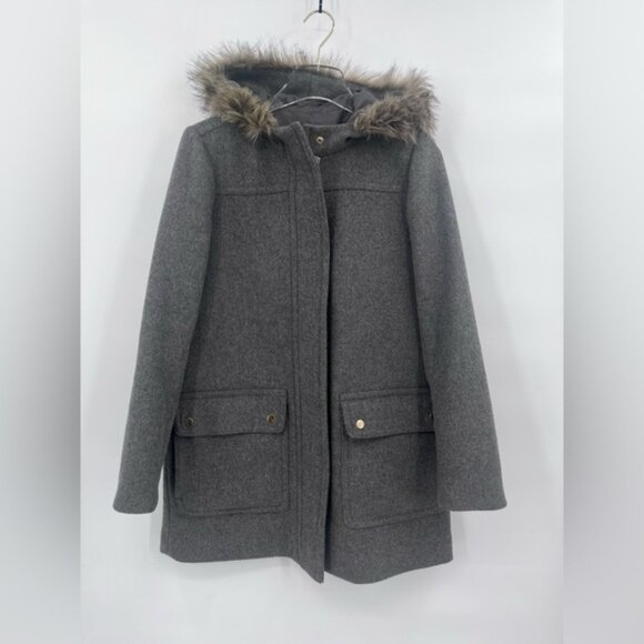 J. Crew Mercantile Gray Vail Wool Blend‎ Winter Coat Faux Fur Trim Women's 4 - Picture 3 of 9